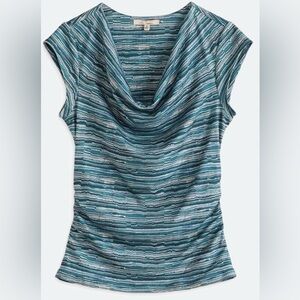 Blues and Teal Les Serein Cowl Drape Neck Flutter Sleeve Side-ruched Top